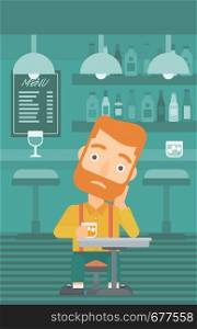 A sad hipster man with the beard sitting at the bar with a glass vector flat design illustration. Vertical layout.. Man sitting at bar.
