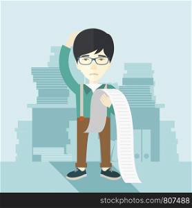 A sad japanese employee standing holding a paper feels headache and worries about paying a lot of bills. Problem, worries concept. A contemporary style with pastel palette soft blue tinted background. Vector flat design illustration. Square layout. . Sad japanese employee holding a list of payables.