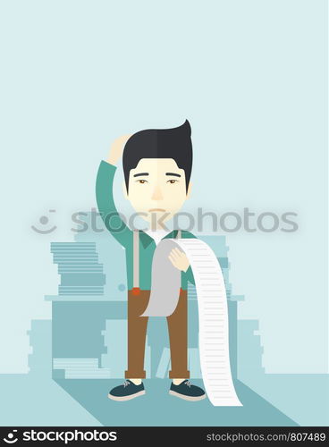 A sad japanese employee standing holding a paper feels headache and worries about paying a lot of bills. Problem, worries concept. A contemporary style with pastel palette soft blue tinted background. Vector flat design illustration. Vertical layout with text space on top part.. Sad japanese employee holding a list of payables.