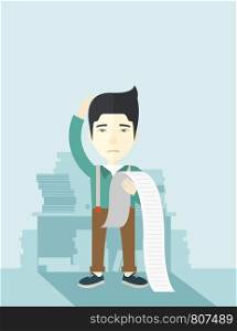 A sad japanese employee standing holding a paper feels headache and worries about paying a lot of bills. Problem, worries concept. A contemporary style with pastel palette soft blue tinted background. Vector flat design illustration. Vertical layout with text space on top part.. Sad japanese employee holding a list of payables.