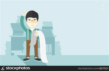 A sad japanese employee standing holding a paper feels headache and worries about paying a lot of bills. Problem, worries concept. A contemporary style with pastel palette soft blue tinted background. Vector flat design illustration. Horizontal layout with text space in right side. . Sad japanese employee holding a list of payables.
