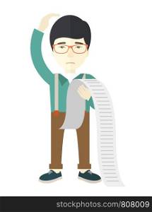 A sad japanese employee standing holding a paper feels headache and worries about paying a lot of bills. Problem, worries concept. A Contemporary style. Vector flat design illustration isolated white background. Vertical layout. Sad japanese employee holding a list of payables.
