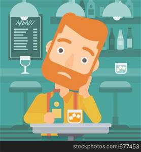 A sad man sitting at the table with a bottle and a glass at the bar vector flat design illustration. Square layout.. Sad man with bottle and glass.