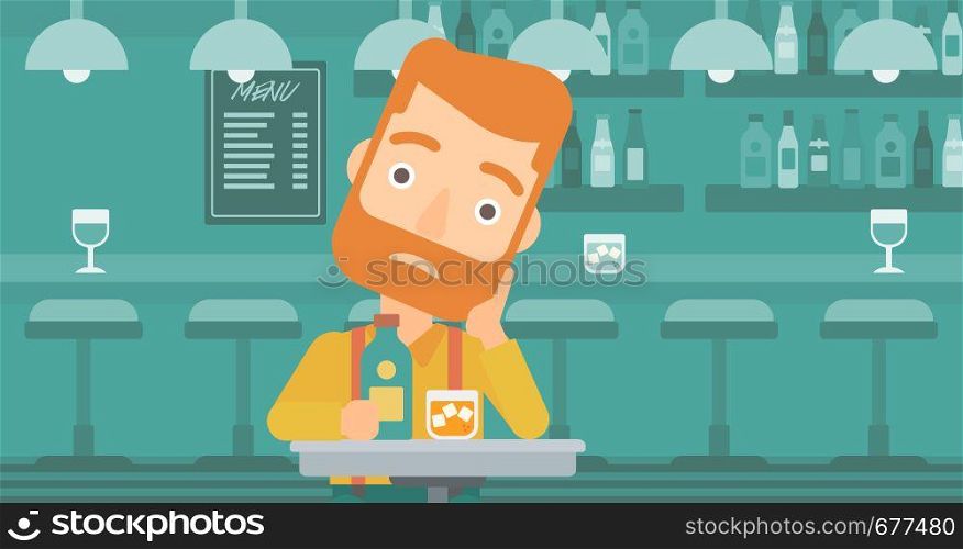 A sad man sitting at the table with a bottle and a glass at the bar vector flat design illustration. Horizontal layout.. Sad man with bottle and glass.