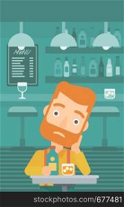 A sad man sitting at the table with a bottle and a glass at the bar vector flat design illustration. Vertical layout.. Sad man with bottle and glass.