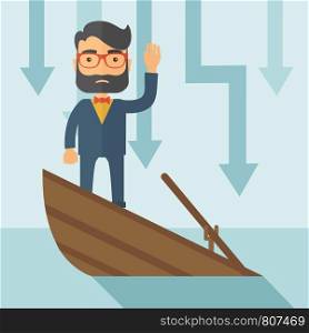 A sad man with beard wearing eyeglasses standing on a sinking boat with those arrows on his back pointing down symbolize that his business is loosing. He needs help. A contemporary style with pastel palette soft blue tinted background. Vector flat design illustration. Square layout. . Business drowned