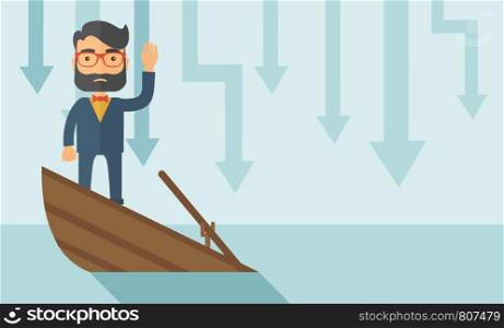 A sad man with beard wearing eyeglasses standing on a sinking boat with those arrows on his back pointing down symbolize that his business is loosing. He needs help. A contemporary style with pastel palette soft blue tinted background. Vector flat design illustration. Square layout. . Business drowned