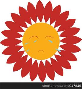 A sad red petal flower with rolling tears from eyes vector color drawing or illustration