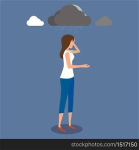 A sad woman is standing under raining clouds.