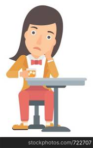 A sad woman sitting at bar with a glass of juice vector flat design illustration isolated on white background. . Woman sitting at bar.