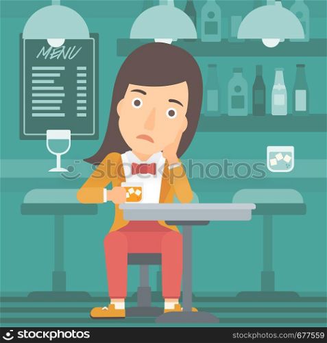 A sad woman sitting at the bar with a glass vector flat design illustration. Square layout.. Woman sitting at bar.