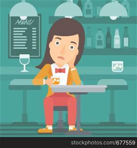 A sad woman sitting at the bar with a glass vector flat design illustration. Square layout.. Woman sitting at bar.