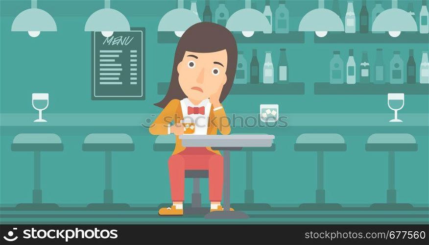 A sad woman sitting at the bar with a glass vector flat design illustration. Horizontal layout.. Woman sitting at bar.