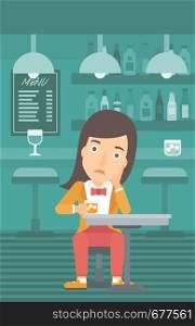 A sad woman sitting at the bar with a glass vector flat design illustration. Vertical layout.. Woman sitting at bar.