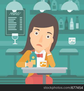 A sad woman sitting at the table with a bottle and a glass at the bar vector flat design illustration. Square layout.. Sad woman with bottle and glass.