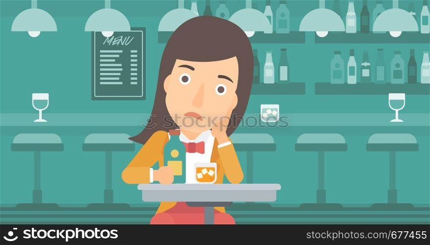 A sad woman sitting at the table with a bottle and a glass at the bar vector flat design illustration. Horizontal layout.. Sad woman with bottle and glass.