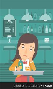 A sad woman sitting at the table with a bottle and a glass at the bar vector flat design illustration. Vertical layout.. Sad woman with bottle and glass.