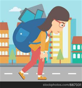A sad woman walking with a big backpack full of different devices on a city background vector flat design illustration. Square layout.. Woman with backpack full of devices.
