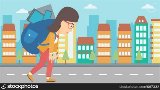 A sad woman walking with a big backpack full of different devices on a city background vector flat design illustration. Horizontal layout.. Woman with backpack full of devices.