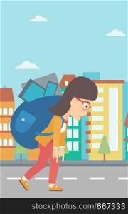 A sad woman walking with a big backpack full of different devices on a city background vector flat design illustration. Vertical layout.. Woman with backpack full of devices.