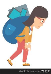 A sad woman walking with a big backpack full of different devices vector flat design illustration isolated on white background. . Woman with backpack full of devices.