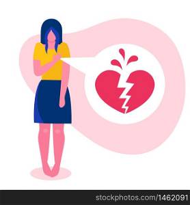 A sad young woman holds her hand over her heart.Heartbreak, divorce, relationship breakdown, unrequited love.Flat vector illustration for your article