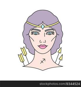 A Sagittarius zodiac sign with female face in linear style. Vector illustration isolated on a white background. The image can be used in your projects related to graphics, web design and illustrations.