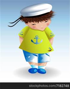 A sailor boy in a white naval hat, a green T-shirt with a painted anchor, blue shorts on a light background. Recreation, marine theme. A sailor boy in a white naval hat, a green T-shirt with a painted anchor. Recreation, marine theme