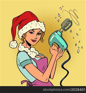a Santa Claus woman with a hand mixer, a housewife in the kitchen is engaged in Christmas cooking. Comic cartoon vintage retro hand drawing illustration. a Santa Claus woman with a hand mixer, a housewife in the kitchen is engaged in Christmas cooking