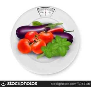 A scale with vegetables. Diet concept. Vector.
