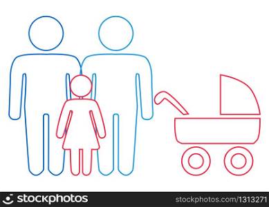 A schematic depiction of a family couple of gay men with children, icon. A schematic depiction of a family couple of gay men with children