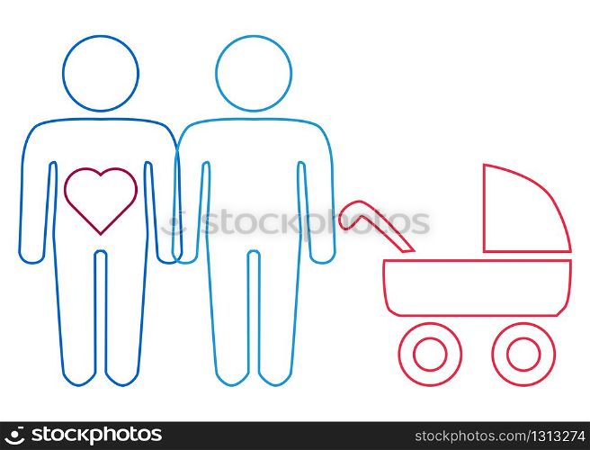 A schematic depiction of a family couple of gay men with children, icon. A schematic depiction of a family couple of gay men with children