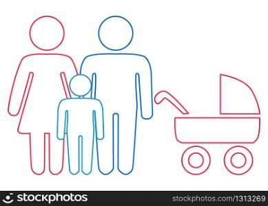A schematic depiction of a hetero family couple man and woman with children, icon