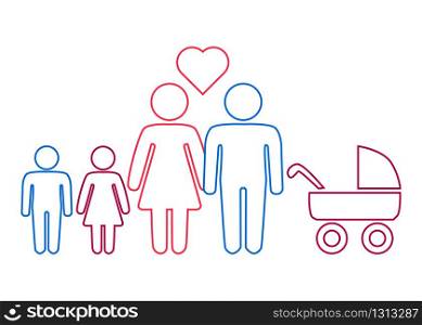 A schematic depiction of a hetero family couple man and woman with children, icon