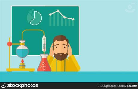 A science teacher with scared facial expression works on mixing chemicals for an experiment in the laboratory. A Contemporary style with pastel palette, soft green tinted background. Vector flat design illustration. Horizontal layout with text space in right side.. Science teacher in laboratory.