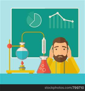 A science teacher with scared facial expression works on mixing chemicals for an experiment in the laboratory. A Contemporary style with pastel palette, soft green tinted background. Vector flat design illustration. Square layout.. Science teacher in laboratory.