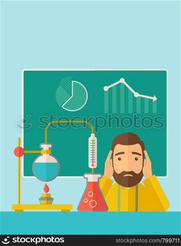 A science teacher with scared facial expression works on mixing chemicals for an experiment in the laboratory. A Contemporary style with pastel palette, soft green tinted background. Vector flat design illustration. Vertical layout with text space on top part.. Science teacher in laboratory.
