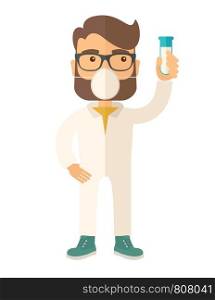 A scienteist with mask and holding a test tube doing a research. A Contemporary style. Vector flat design illustration isolated white background. Vertical layout. Scientist with mask and test tube.