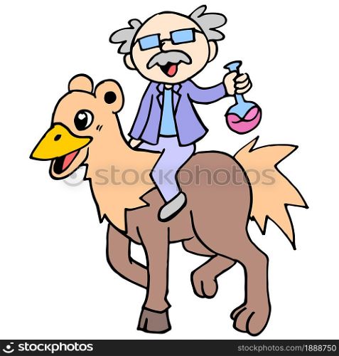 a scientist grandfather was riding his research animal. cartoon illustration sticker mascot emoticon