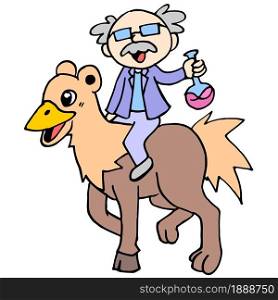 a scientist grandfather was riding his research animal. cartoon illustration sticker mascot emoticon