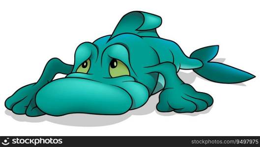 A Sea Fish Resting on the Bottom of the Sea - Colored Cartoon Illustration Isolated on White Background, Vector