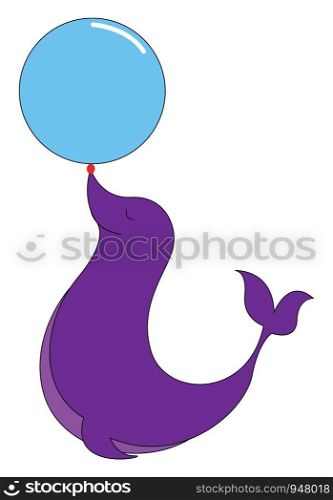 A seal in dark purple colour with blue colour ball on its nose , vector, color drawing or illustration.