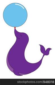 A seal in dark purple colour with blue colour ball on its nose , vector, color drawing or illustration.