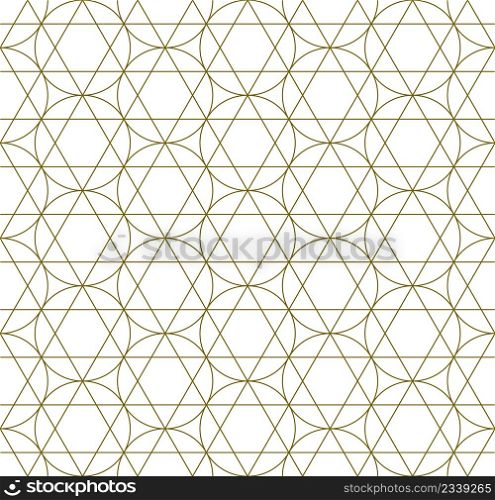 A seamless pattern based on elements of the traditional Japanese craft Kumiko zaiku.. Seamless traditional Japanese ornament Kumiko.Golden color lines.