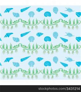 A seamless pattern design illustrated with variety of sea shell shapes and sea grass and flowers, great for background design.