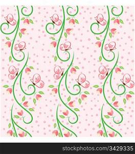A seamless pattern design of flowers, butterfly and leaves, illustrated with contemporary style.