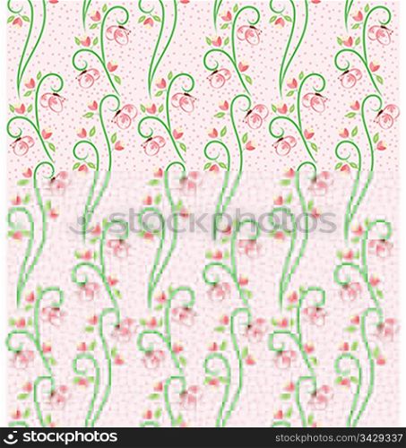 A seamless pattern design of flowers, butterfly and leaves, illustrated with contemporary style.