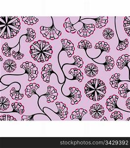 A seamless pattern design of flowers spores spread around, illustrated with contemporary style.