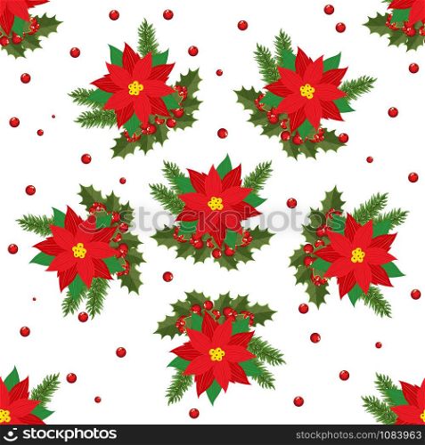 A seamless pattern of bright and delicate poinsettia and Holly leaves and red mistletoe berries and Christmas tree branches. Vector illustration