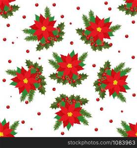A seamless pattern of bright and delicate poinsettia and Holly leaves and red mistletoe berries and Christmas tree branches. Vector illustration